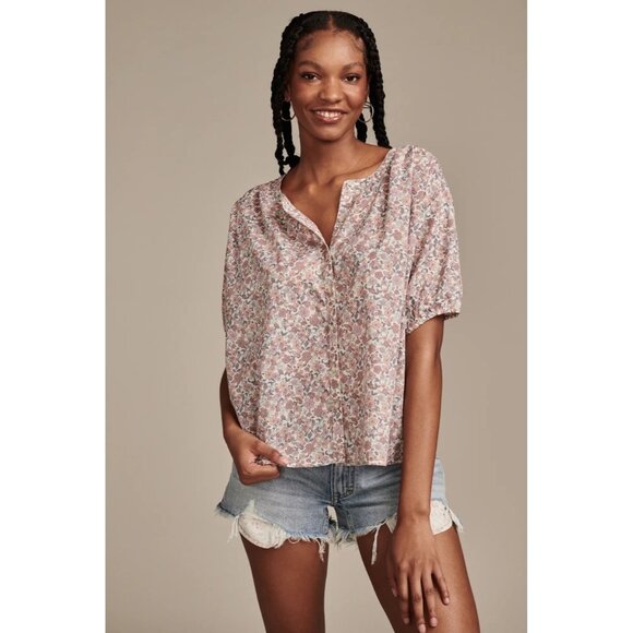 Lucky Brand Womens Printed Cotton Top Smocked blouse Pink Size XXL MSRP $80 - Picture 1 of 5